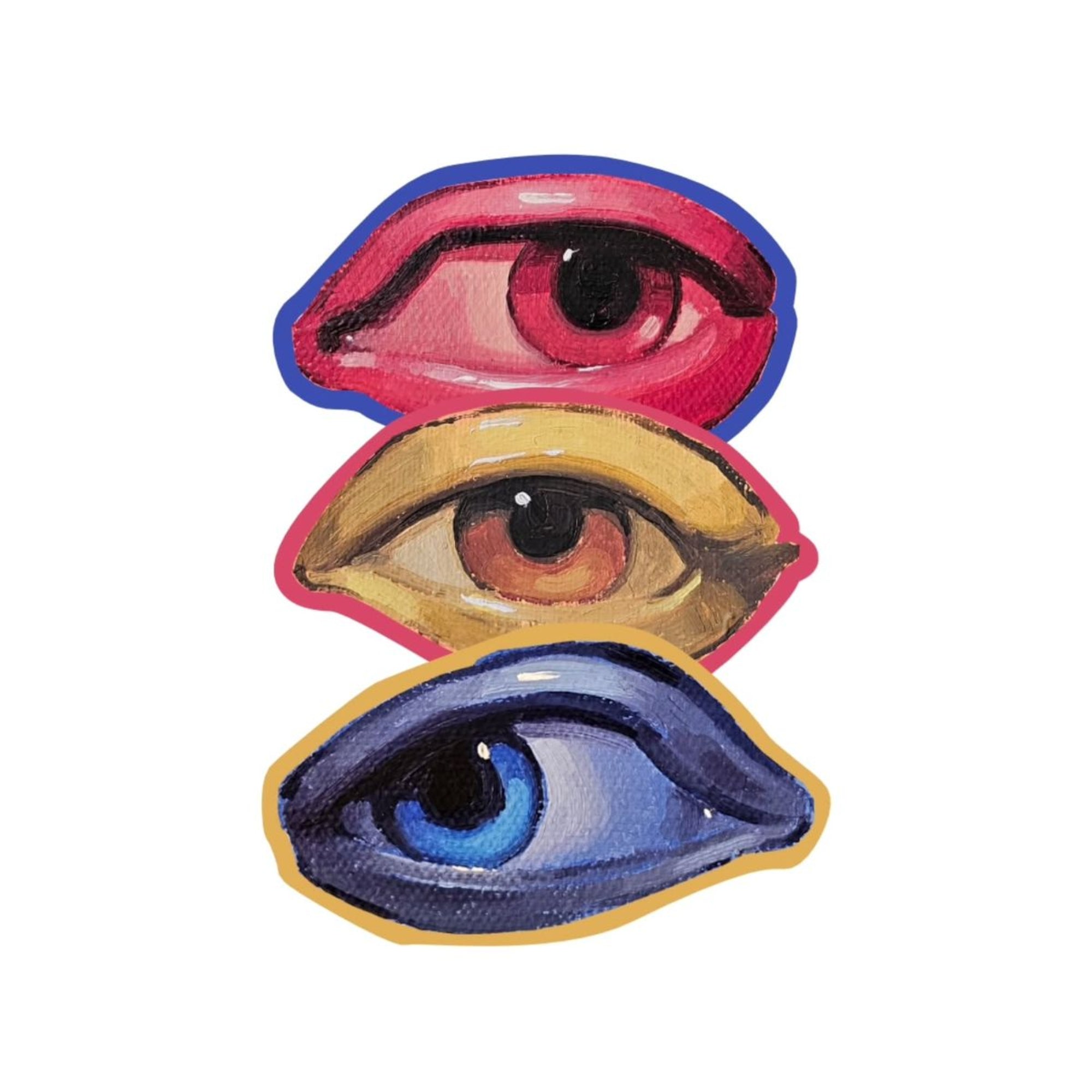 Three stylized eyes in different colors stacked on a black background